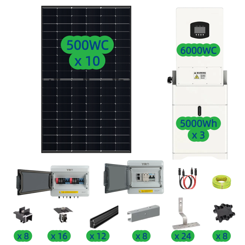 Kit solaire 5KWc + 6KW onduleur hybride + 15KWh batterie – Solution solaire haute performance