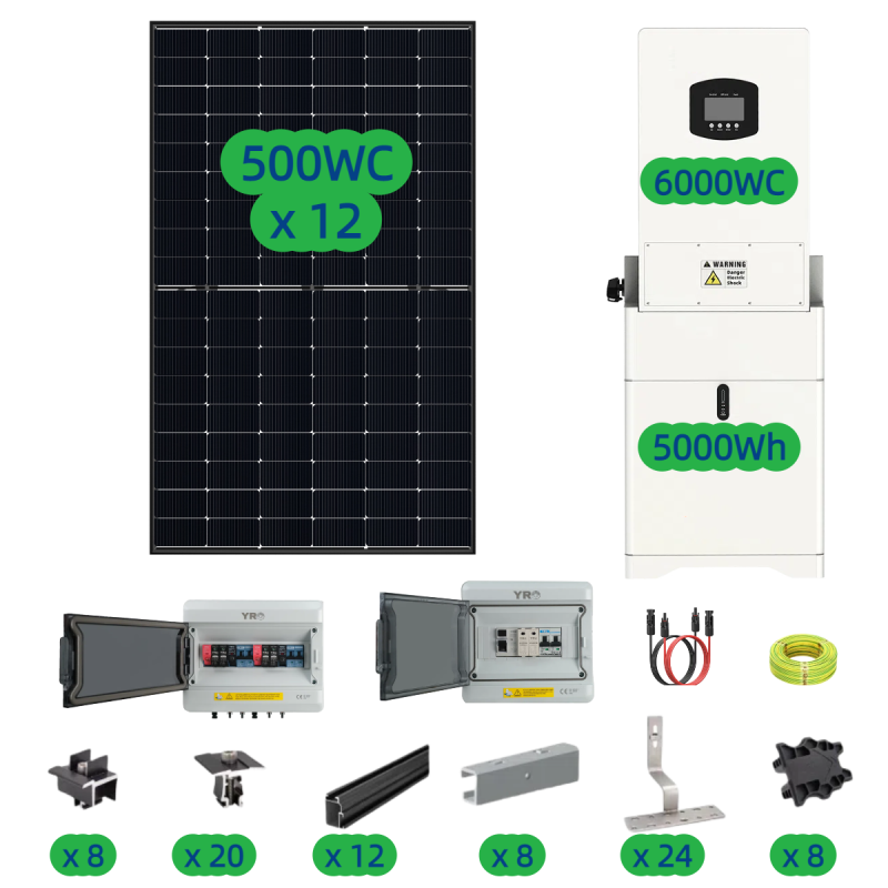 Kit solaire 6KWc + 6KW onduleur hybride + 5KWh batterie – Puissance solaire élevée et gestion intelligente