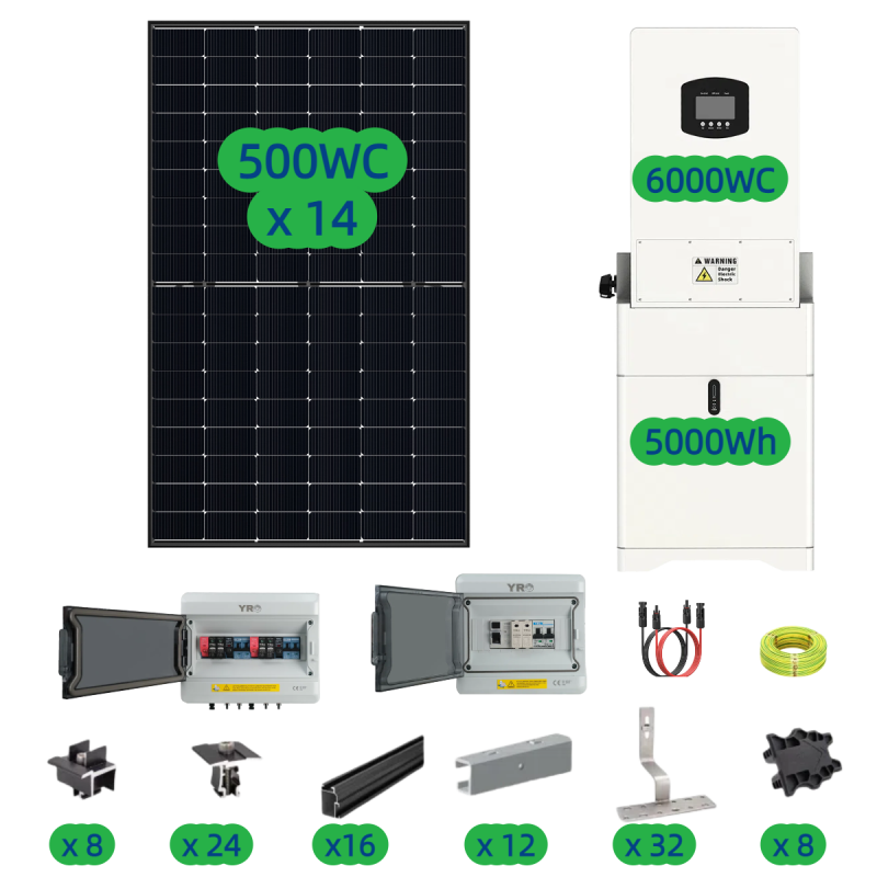 Kit solaire 7KWc + 6KW onduleur hybride + 5KWh batterie – Production solaire élevée et gestion intelligente