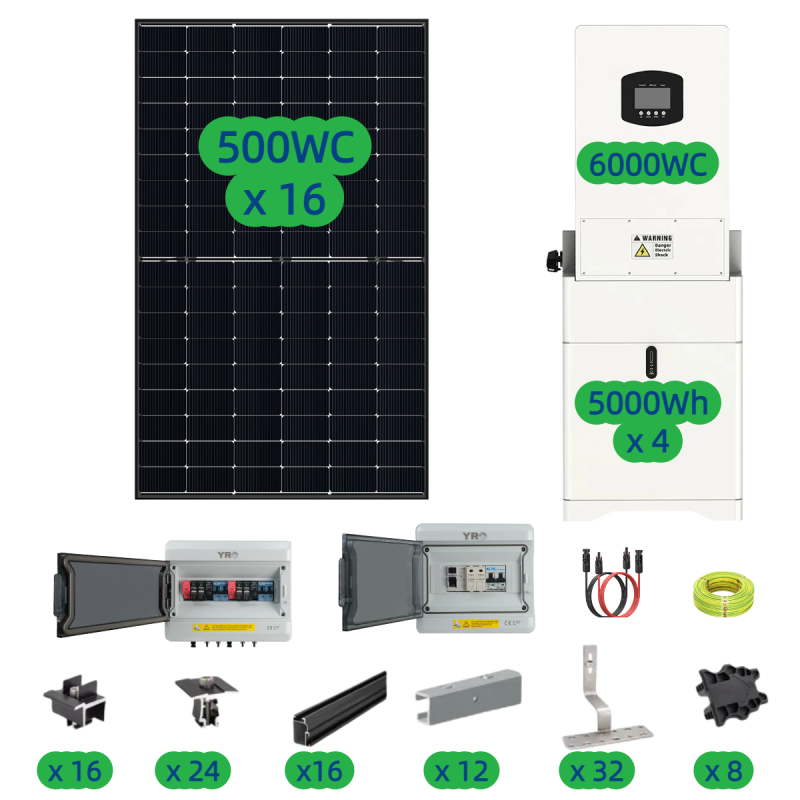 Kit solaire 8KWc + 6KW onduleur hybride + 20KWh batterie – Puissance solaire élevée et stockage durable